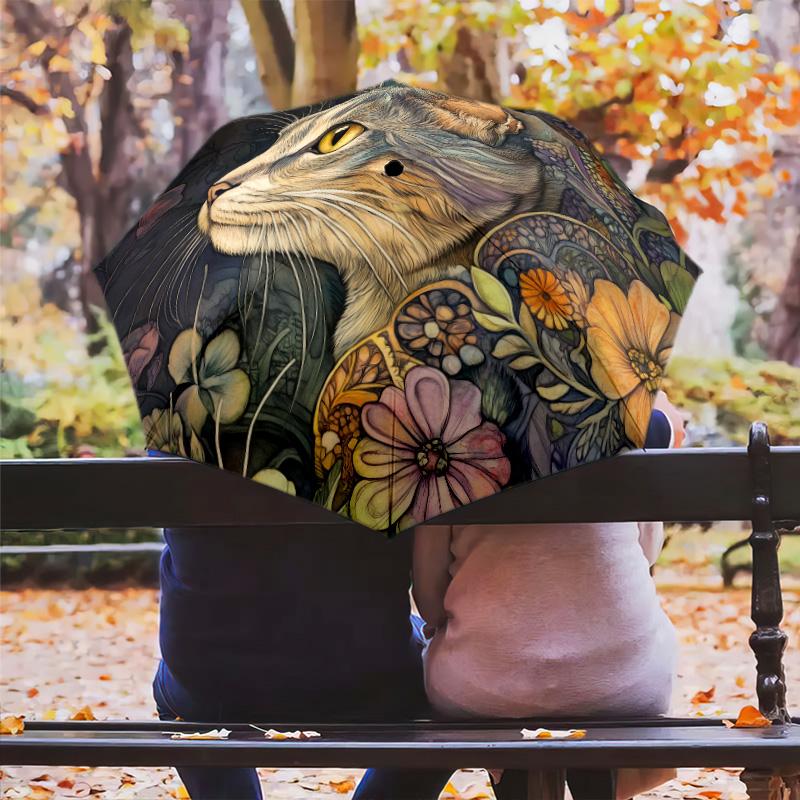 Plant Cat  pattern, automatic folding umbrella, portable and foldable design, 8 ribs, a Christmas or birthday gift.