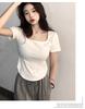 Threaded square neck curved hem short sleeved T-shirt, unique and tight fit, low neck, front shoulder, inner bottom top, JS