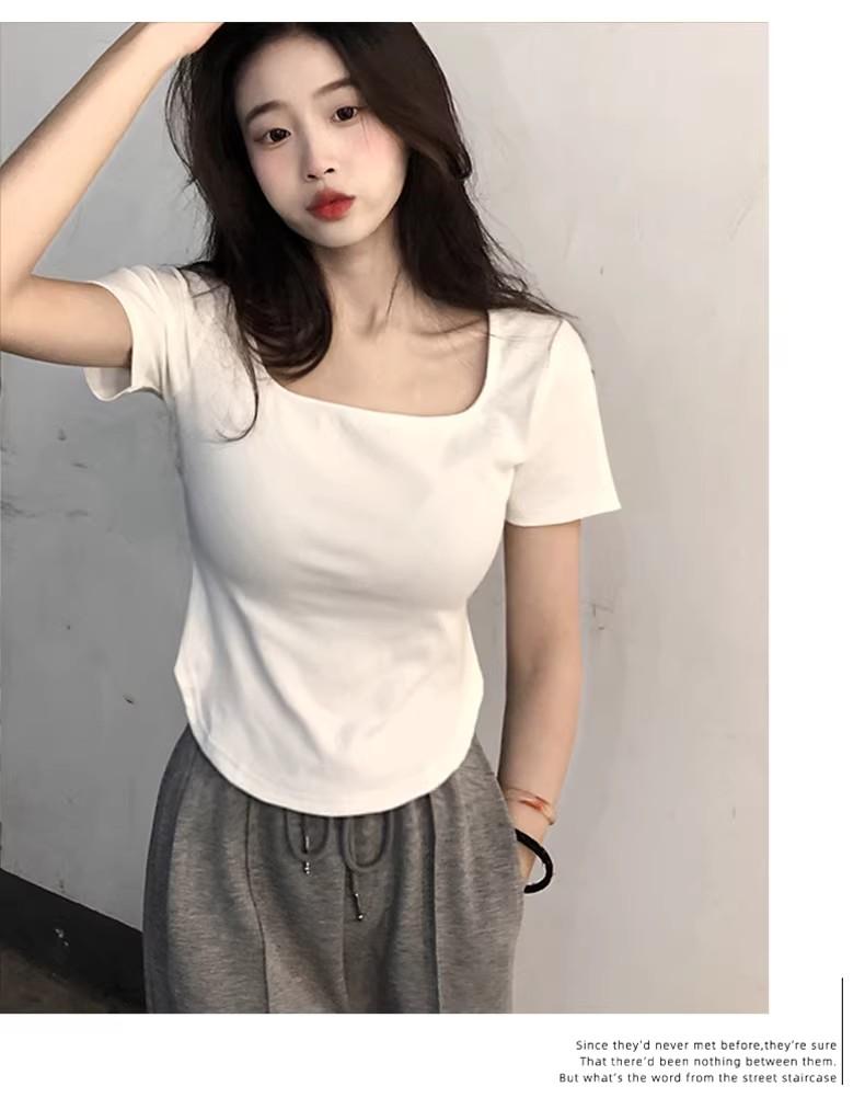 Threaded square neck curved hem short sleeved T-shirt, unique and tight fit, low neck, front shoulder, inner bottom top, JS