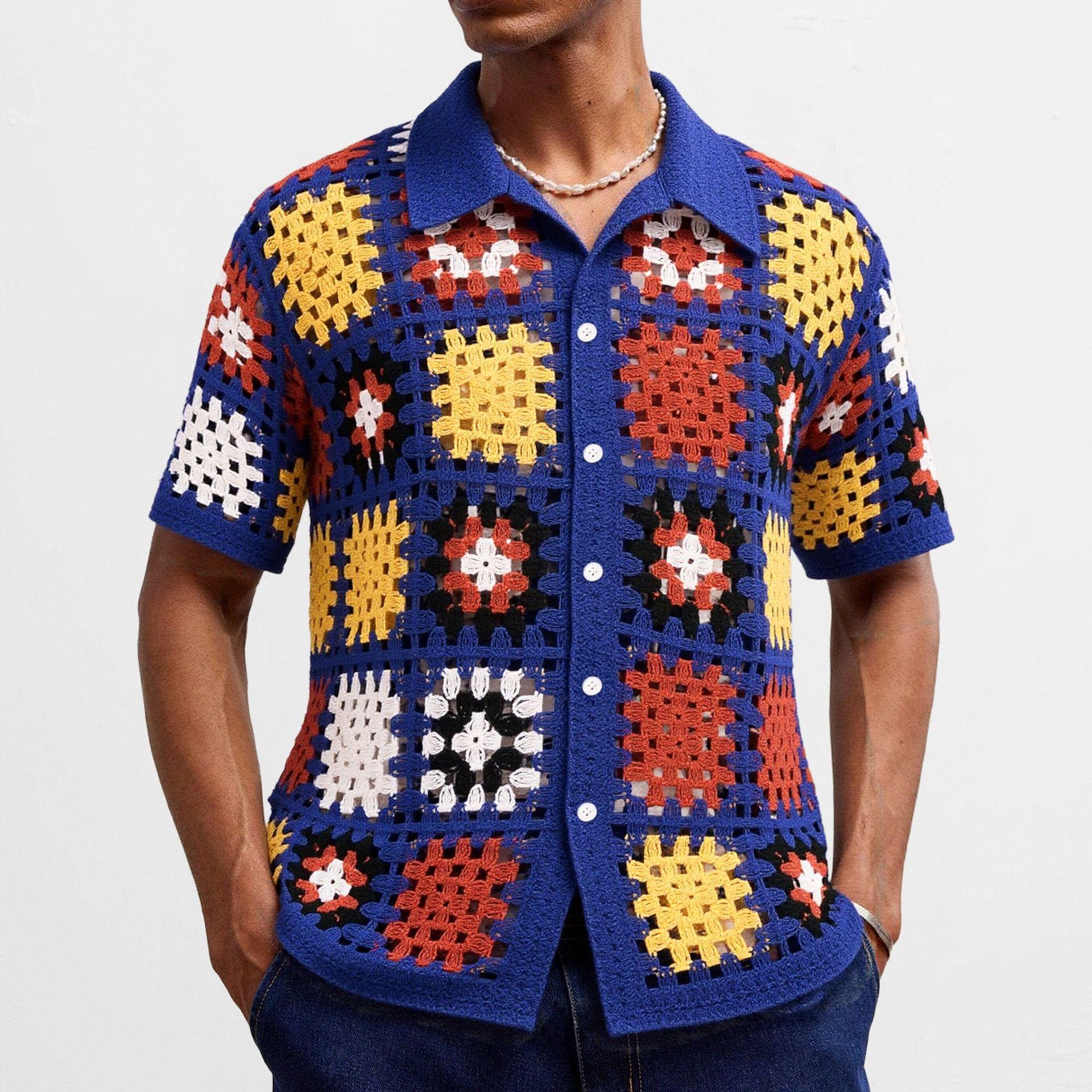

Men s Casual Knitted Short Sleeve Shirts Button Down Crochet Hollow Out Shirt Top Summer Vacation Vintage Knit Golf Beach Collared Shirts Tops for Men 3XL темно-синього кольору