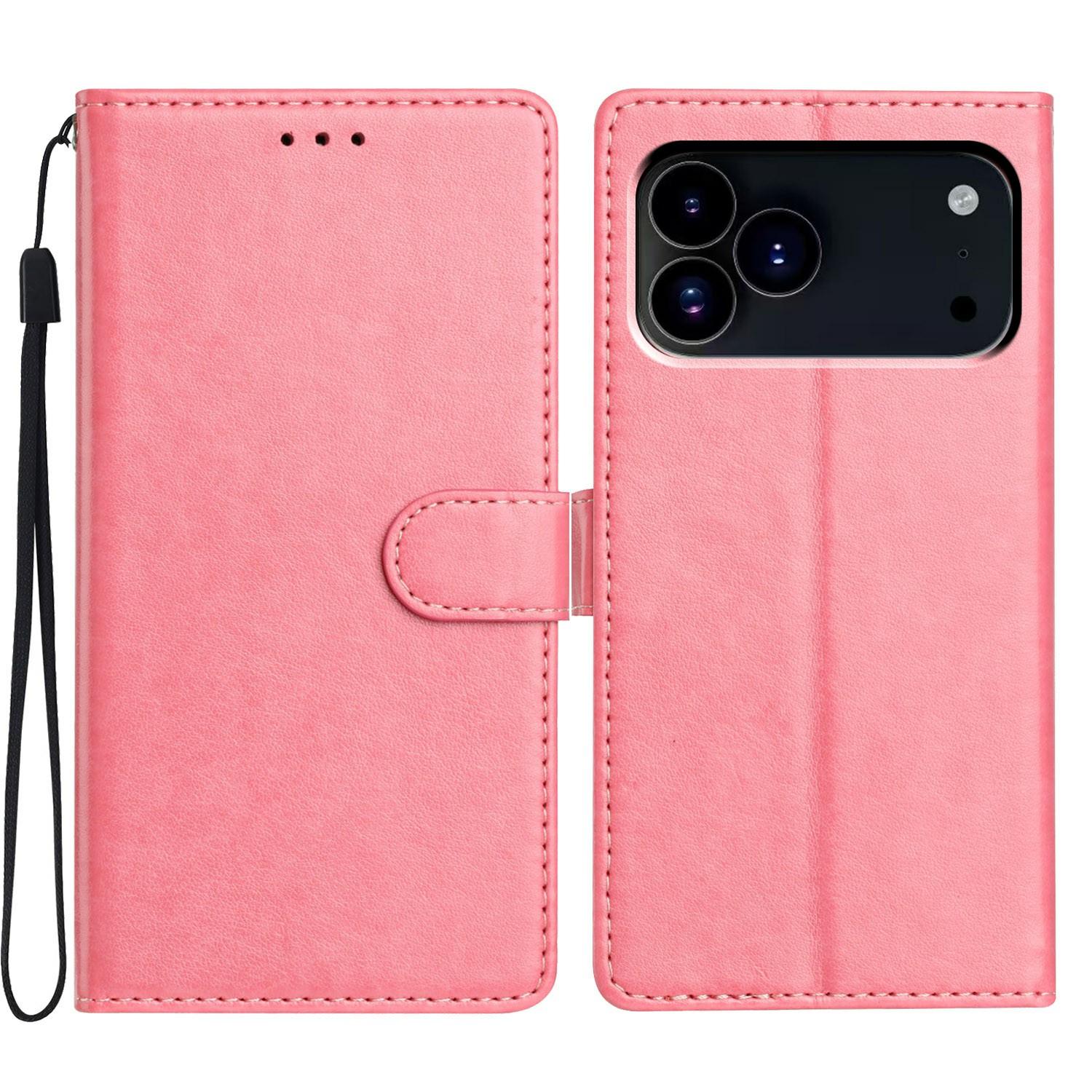 

For iPhone 17 Pro Leather Case Wallet Stand Phone Cover with Handy Strap Rose Gold