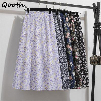 Damen A-Linie Lockere Lange Röcke Plissee Blumenmuster Freizeitrock Sommerurlaub Elegante Vintage Taille Midiröcke QT2441
