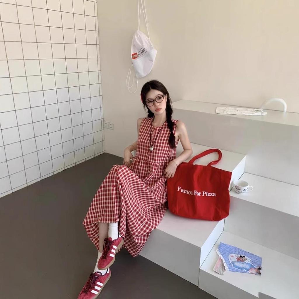 Women's Sweet & Spicy Red Plaid Sleeveless Tank Dress - Spring 2025 Collection, Loose Fit, Single-Breasted, Long Lazy Style