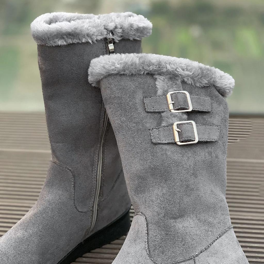 Women Winter Shoes 2024 New Chunky Heel Mid-calf Plush Snow Boots Fashion Female Warm Chelsea High Fur Boot Botas Mujer Invierno