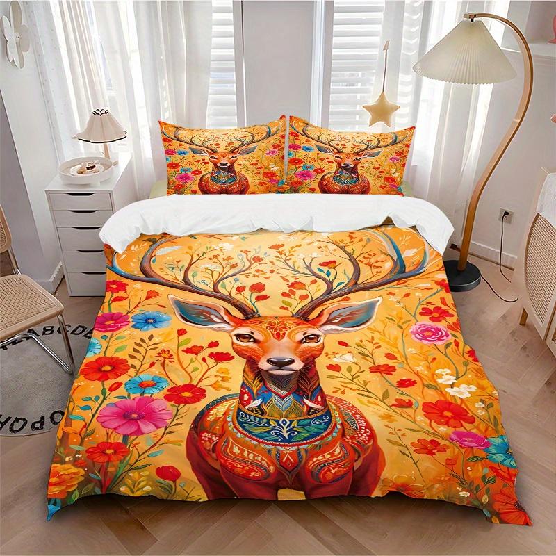 

3pcs Animal-themed Deer Flowers Soft and Comfortable Breathability, Bedding Set, Machine Washable, Suitable for All Seasons145 135x200cm