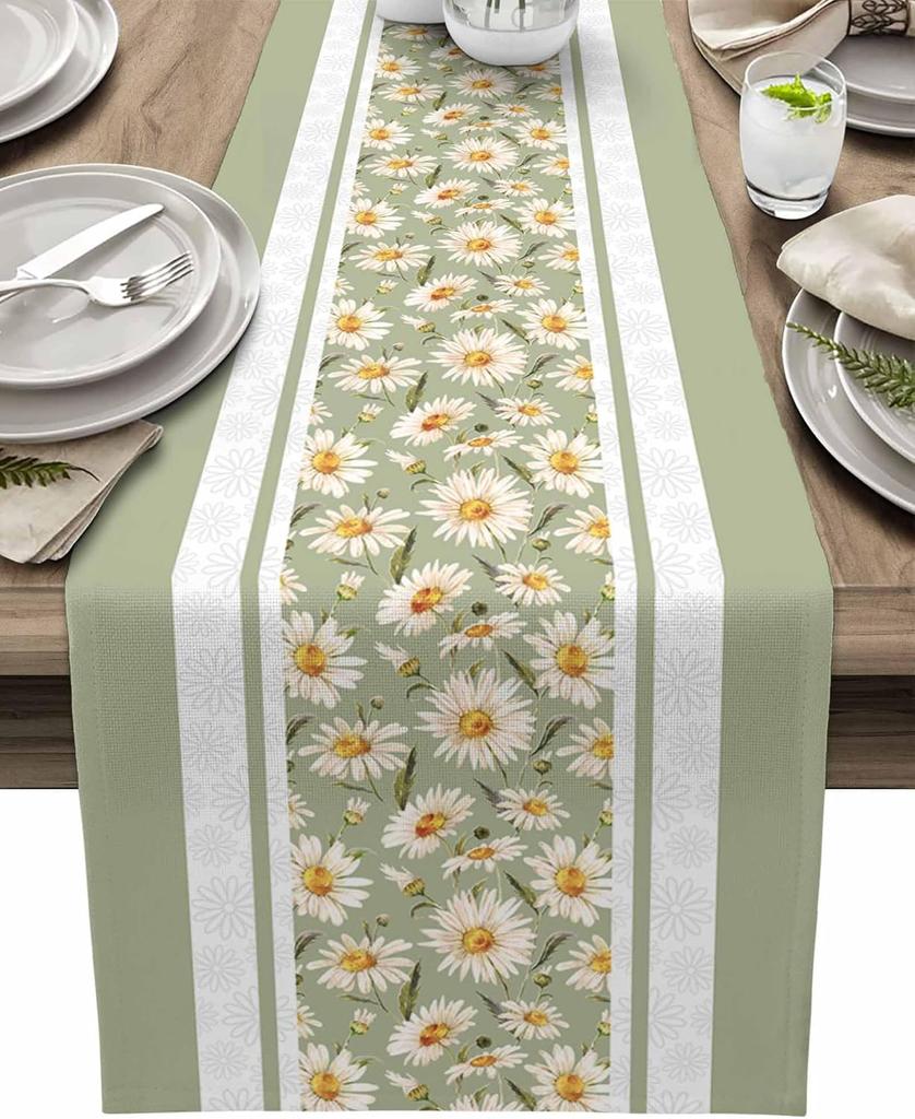 Spring Easter Daisy Flower Linen Table Runner Party Decor Reusable Farmhouse Kitchen Dining Table Runner Easter Decorations