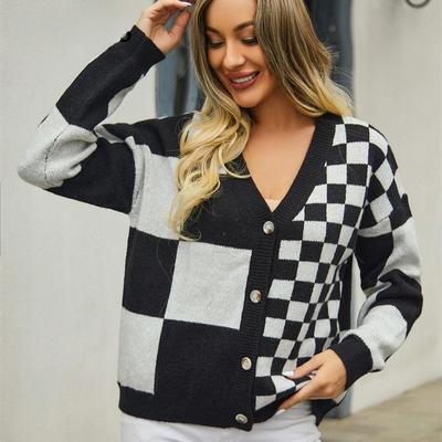 Autumn and Winter Women's Knitwear Plaid Splicing Plus Size Sweater Knitted Cardigan