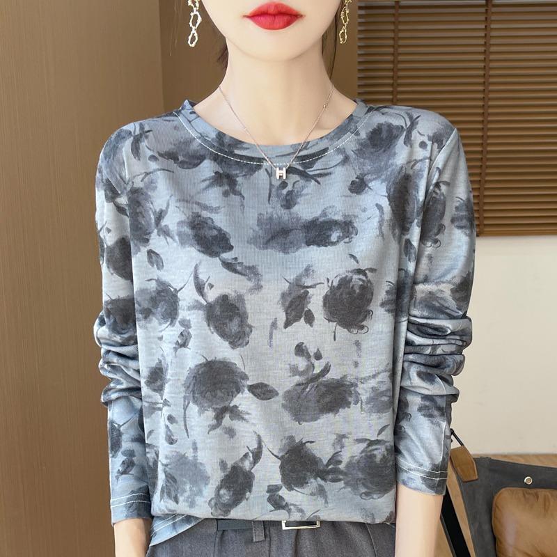 Spring And Autumn Long Sleeve Retro Printed T-Shirts Women Basic Casual Tops Female Cozy Loose Tees Harajuku T Shirt