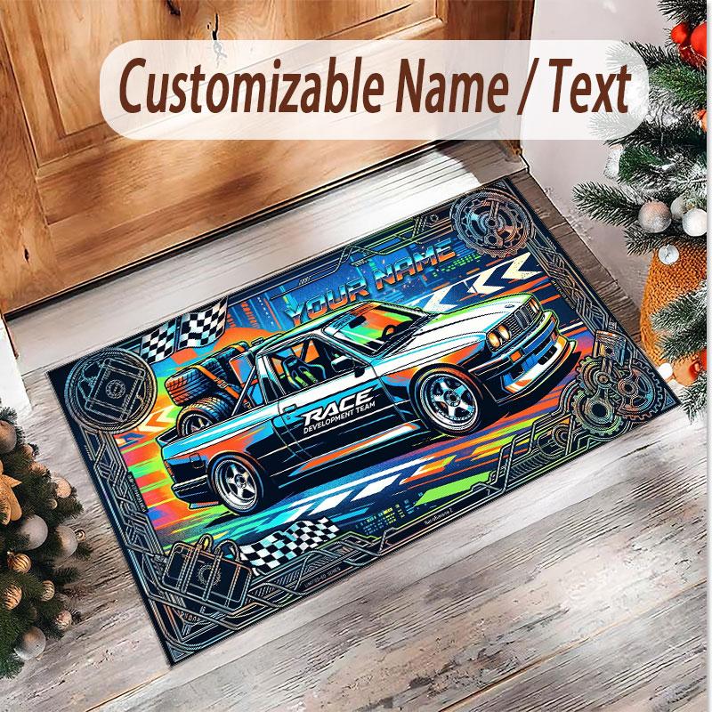 Car Racing Theme Soft Crystal Velvet Rug Custom Name & Text Print Non Slip Floor Rug for Bedroom Living Room