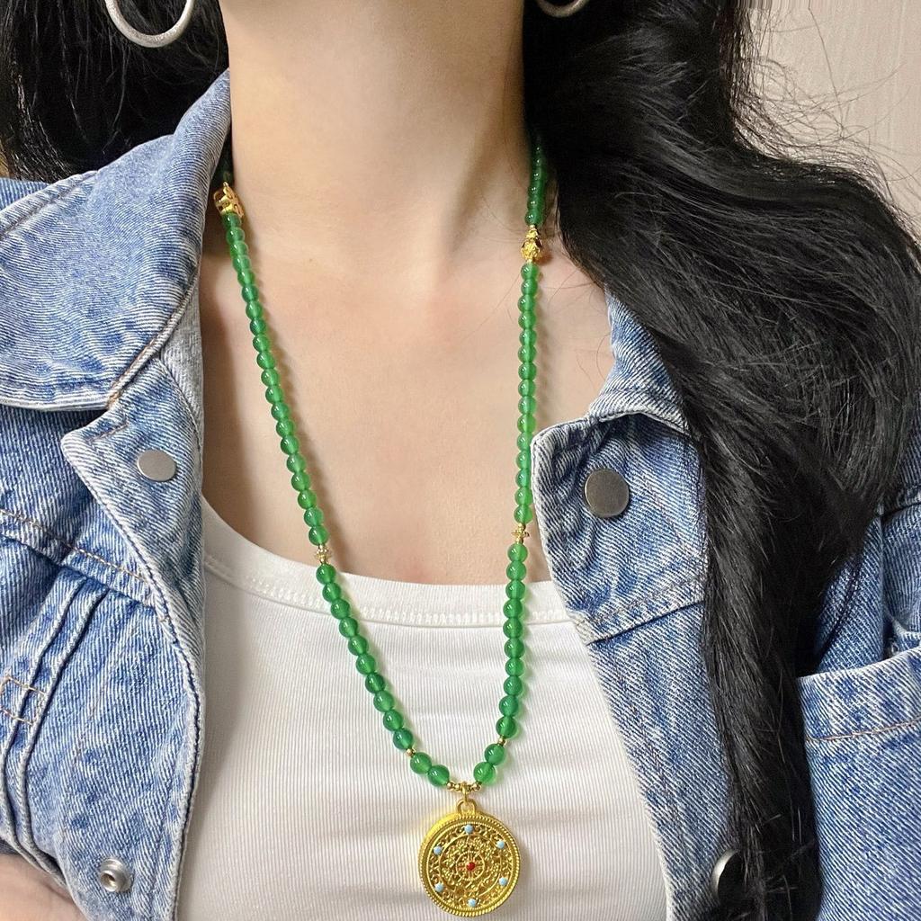 High Quality Ice-Through Emperor Green Natural Green Chalcedony Sweater Chain Necklace