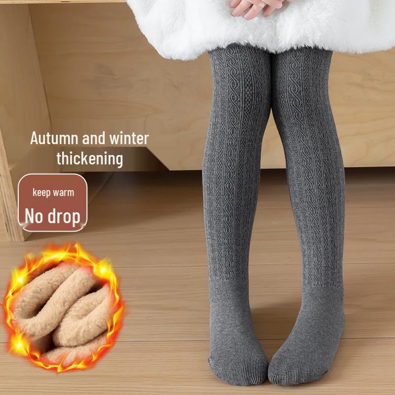 Girls' Autumn/Winter Thickened Velvet-Lined Cable Knit Leggings with Waist Protection