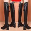 Damskie jesienno-zimowe 2025 skórzane kozaki za kolano z okrągłym noskiem, ocieplane polarem, na grubym obcasie, sięgające do uda, wyszczuplające