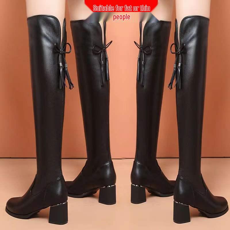 Damskie jesienno-zimowe 2025 skórzane kozaki za kolano z okrągłym noskiem, ocieplane polarem, na grubym obcasie, sięgające do uda, wyszczuplające