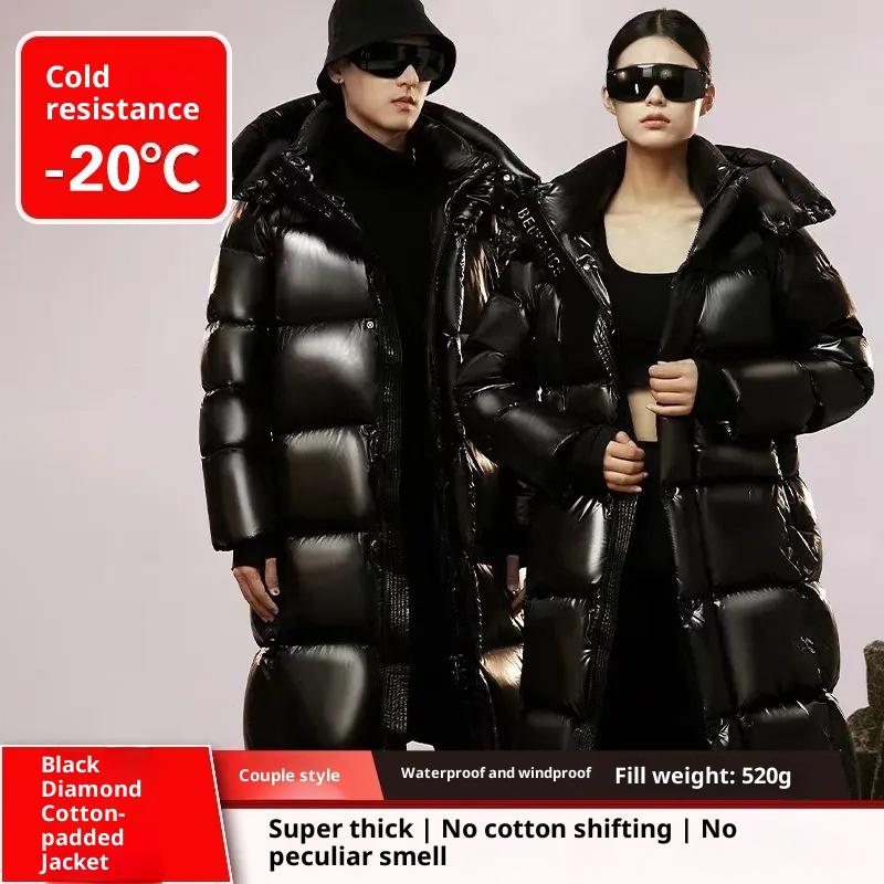 Black Diamond Long Down Cotton Jacket with Graphene Lining and Heating Black Warrior Black Gold Long Cotton Jacket Thickened European Product