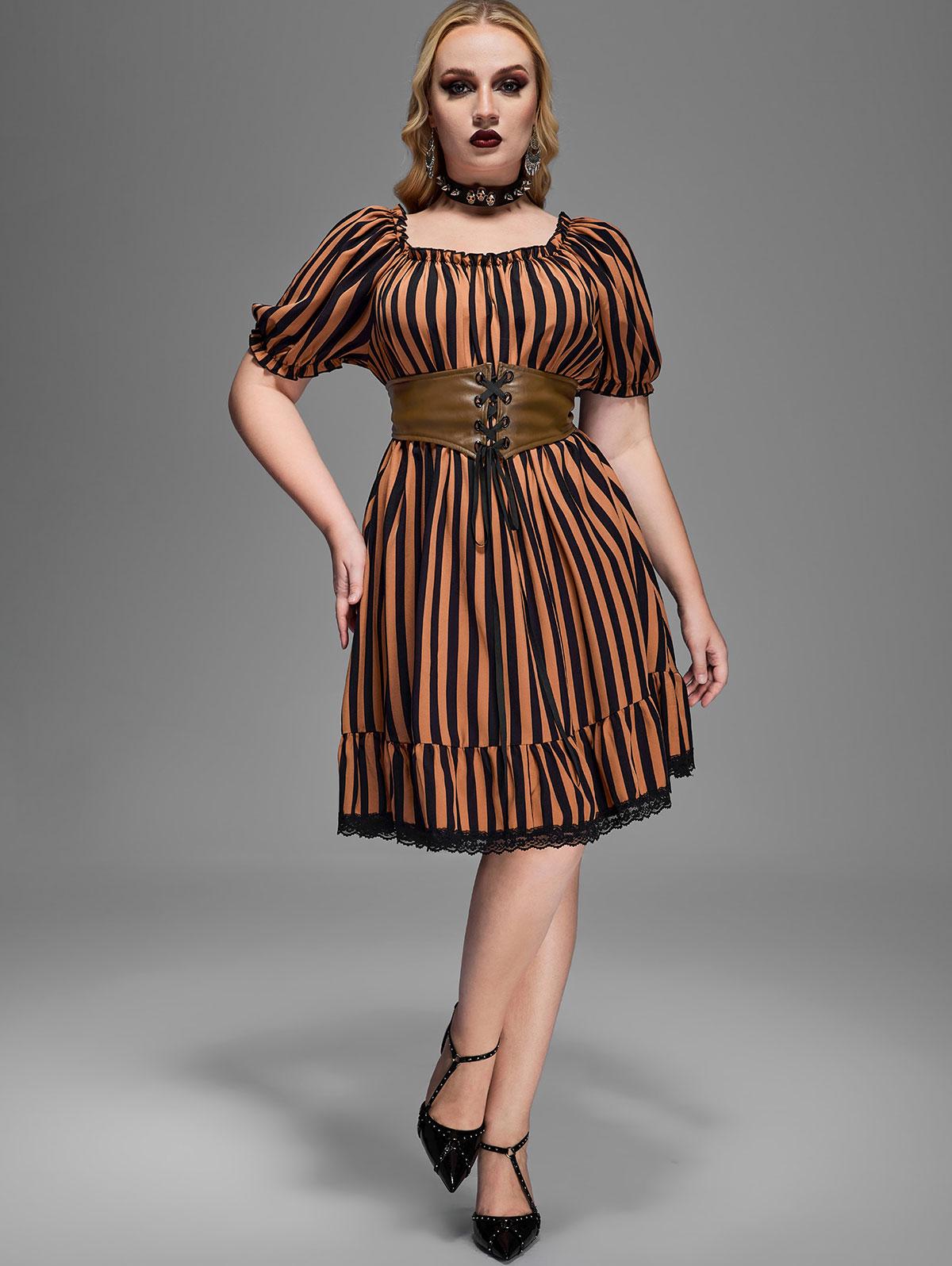 

Rosegal готическое полосатое платье с пышными рукавами и рюшами, кружевной отделкой, шнуровкой, вставкой из искусственной кожи и поясом, трапециевидное платье M кофейный