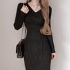 Elegant V-Neck Long Sleeve Knit Midi Dress High Waist Bodycon Fit Women 2026