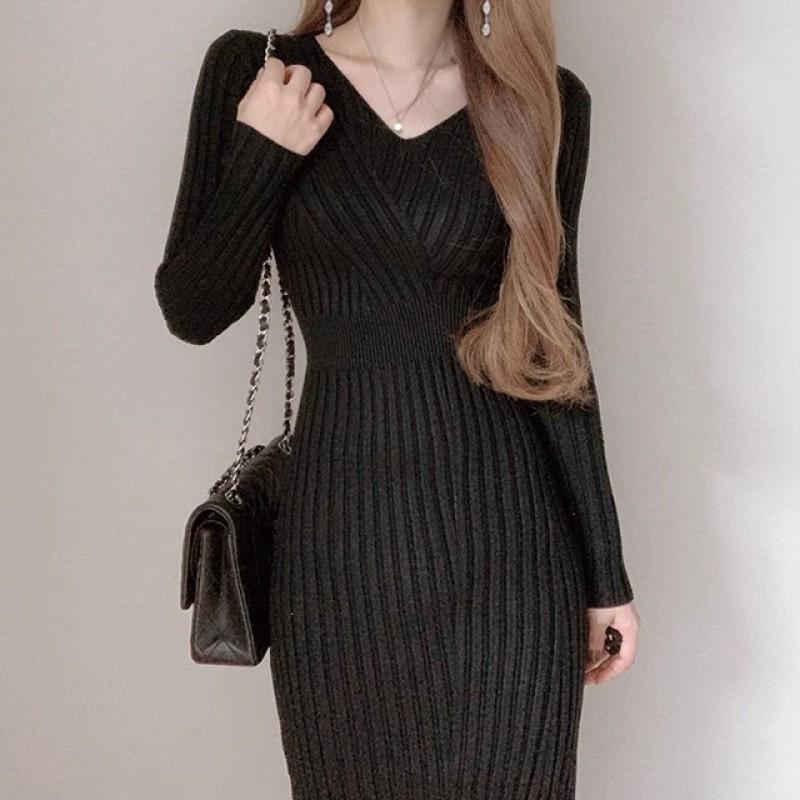 Elegant V-Neck Long Sleeve Knit Midi Dress High Waist Bodycon Fit Women 2026