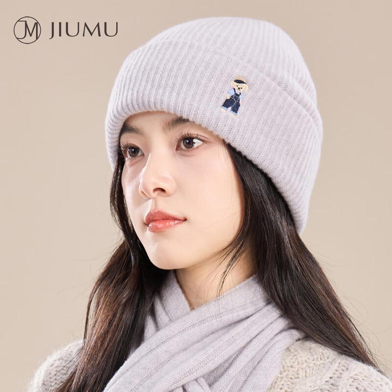 JIUMU Pure Wool Knitted Hat for Women - Double Layer Warm