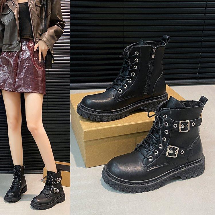 Round Toe Fashionable Side Zipper Motorcycle Shoes Solid Color Elegant Warm Casual Lace-up Non-slip Women's Boots