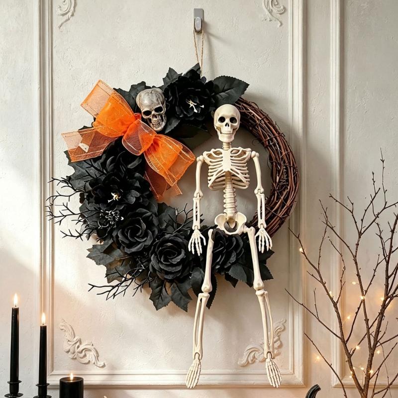Bone-Themed Halloween Wreath Accent for Wall Presentation and Entryway Styling, Seasonal Piece for Party Scene, Entry Door, and Indoor Display