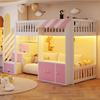 Wooden Loft Bed 90×200 Cm, with Storage Cabinet, Storage Staircase, Multicolor LED Light Strip, Eaves Design, Slatted Frame, Single Bed, Pink