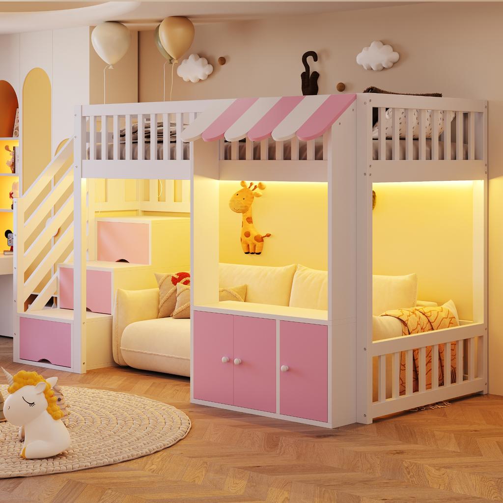 Wooden Loft Bed 90×200 Cm, with Storage Cabinet, Storage Staircase, Multicolor LED Light Strip, Eaves Design, Slatted Frame, Single Bed, Pink
