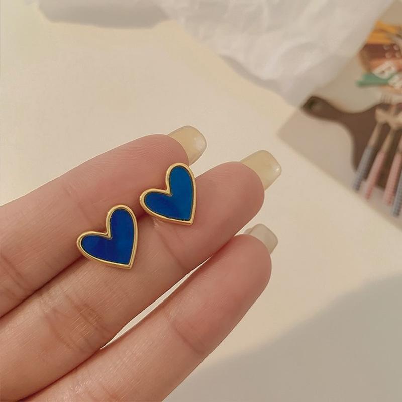 Blue Heart Earrings for Women - Korean Style 925 Silver, Small & Sweet