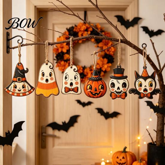 Mummy And Owl Hanging Ornaments Halloween Wooden Decor, Ghost Black Cat Pumpkin Ornament, Rustic Vintage Decorative Pendants Wall Decor Gift Tags for