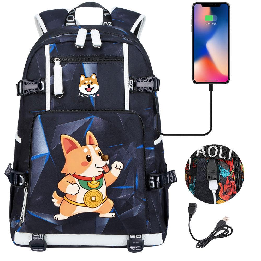 Cute Shiba Inu Corgi USB Charging Backpack for Middle High School Students Travel Casual Daypack