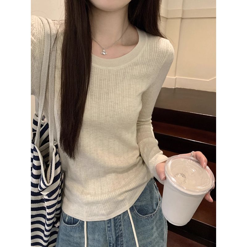 Kumikumi Simple Basic Style Solid Temperament Long Sleeve Knit Women Clothes Autumn Slimming Versatile Base Top