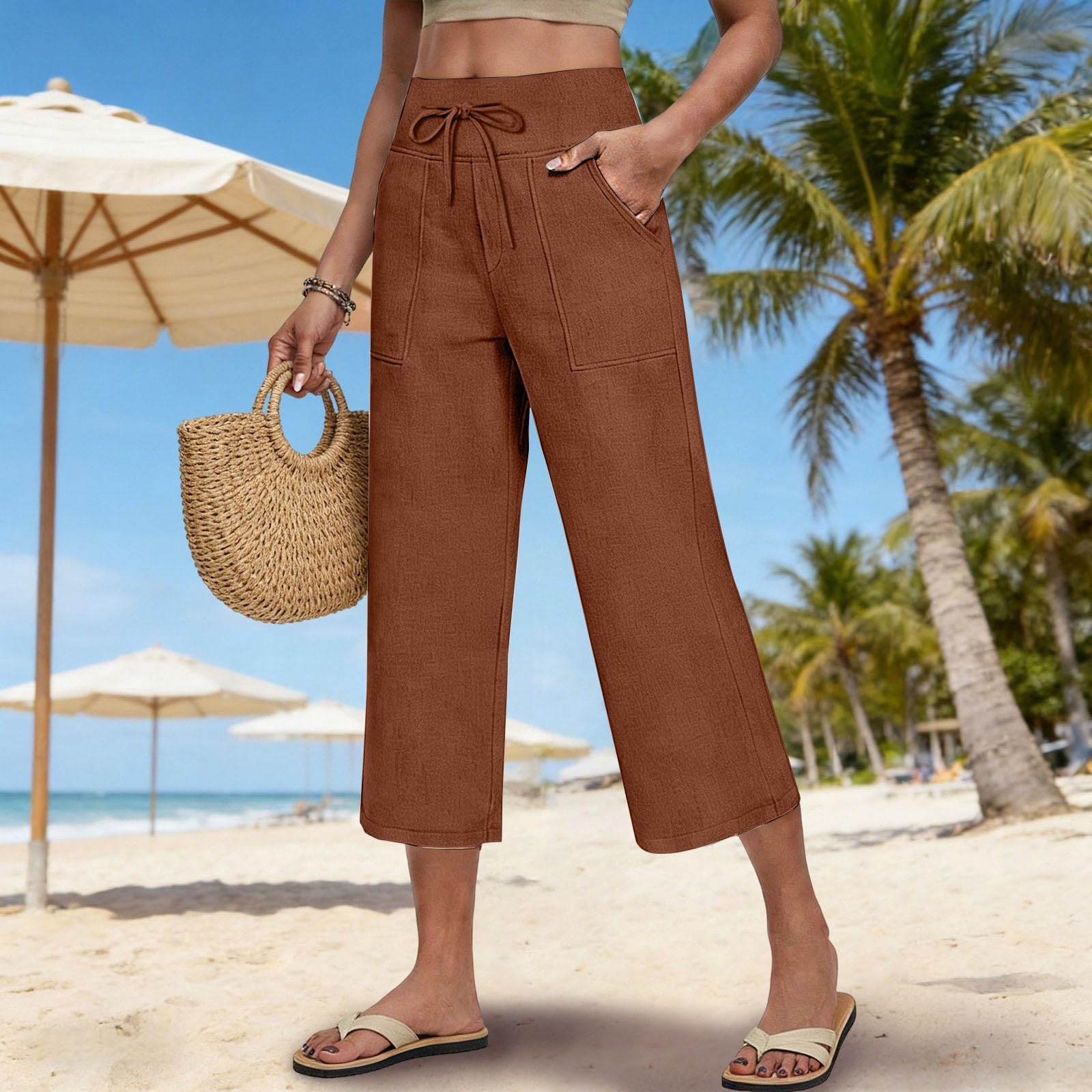 

Women s Loose Straight Vacation Waist Beach Trousers Drawstring Pocket Casual Pants XL червоний
