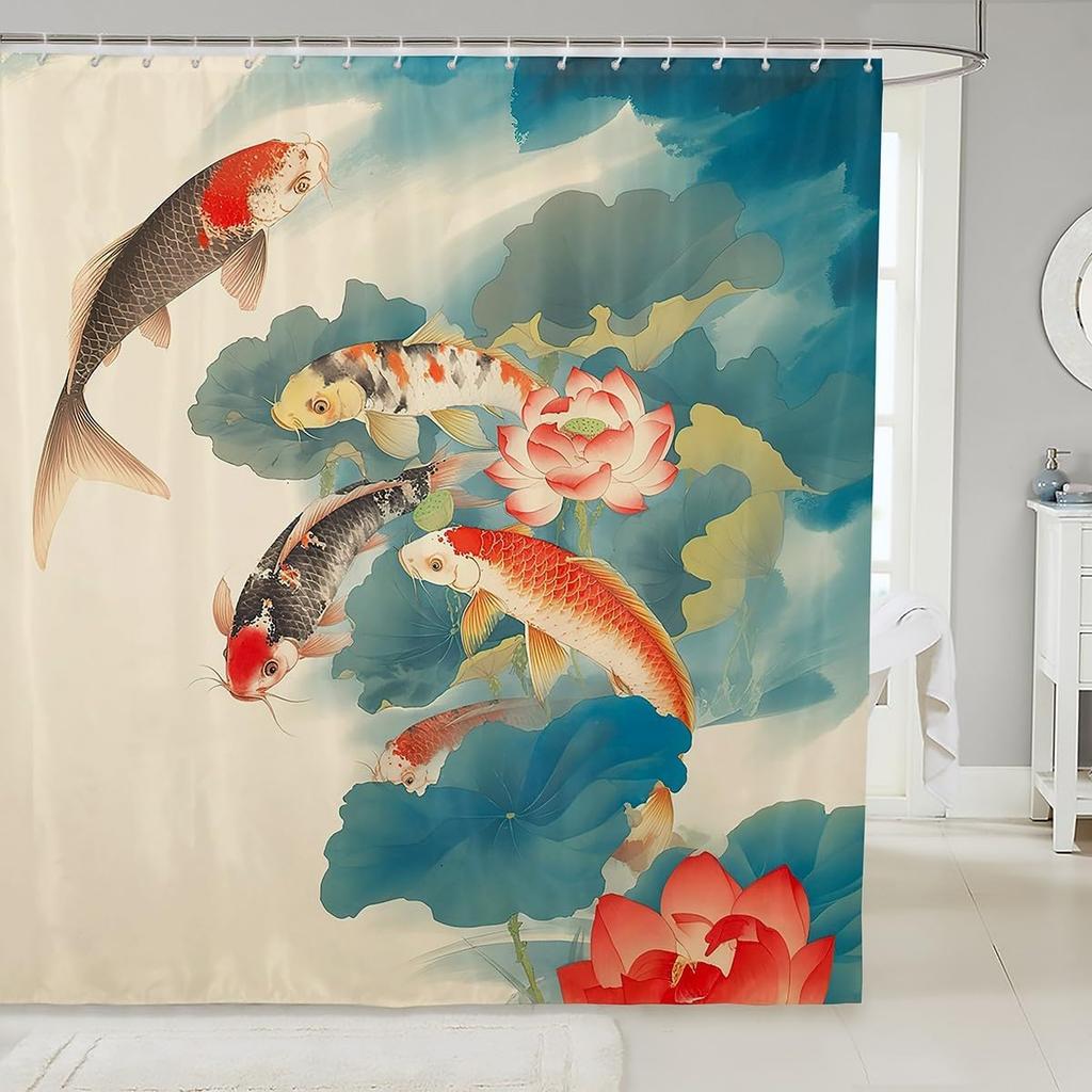 Chinese Ink Painting Shower   Koi Fishes Japanese Bath Curtain for Boys Girls    Shower Curtain Set Kids Bathroom Accessories