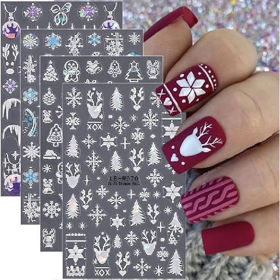 4 Sheets Christmas Nail Stickers for Nail Art 3D Self-Adhesive White Snowflake Nail Art Stickers Winter Xmas Tree Elk Design French Tip Nail Decals