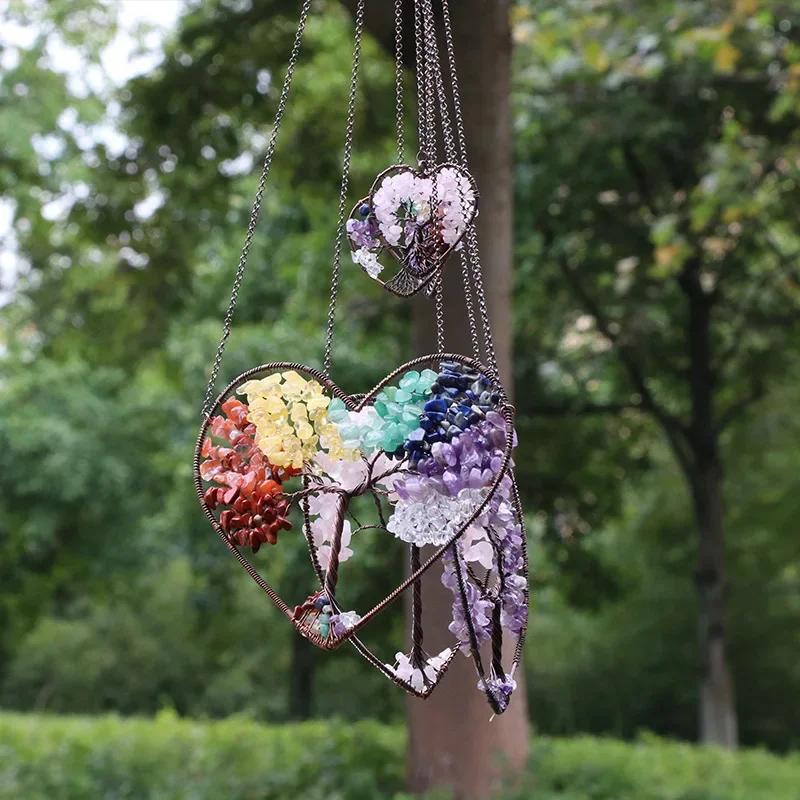 Dreamcatcher Double Heart Tree of Life Hanging Ornament Chakra Feng Shui Gemstones Spiritual Meditation Garden Home Decoration