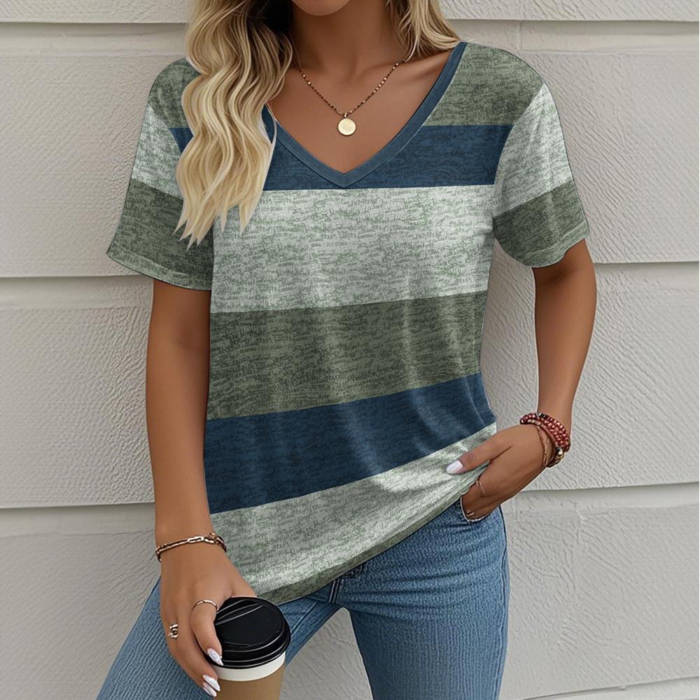 Summer Ladies Striped Printing Oversized T-Shirt Retro Fashion Casual V Collar Women Short-Sleeved T-Shirt