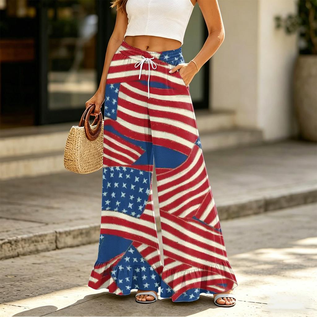 Women's High Waist Wide Leg Pants with Drawstring Pockets Casual Loose Fit Long Trousers Comfortable Lightweight Fabric Elastic Waistband