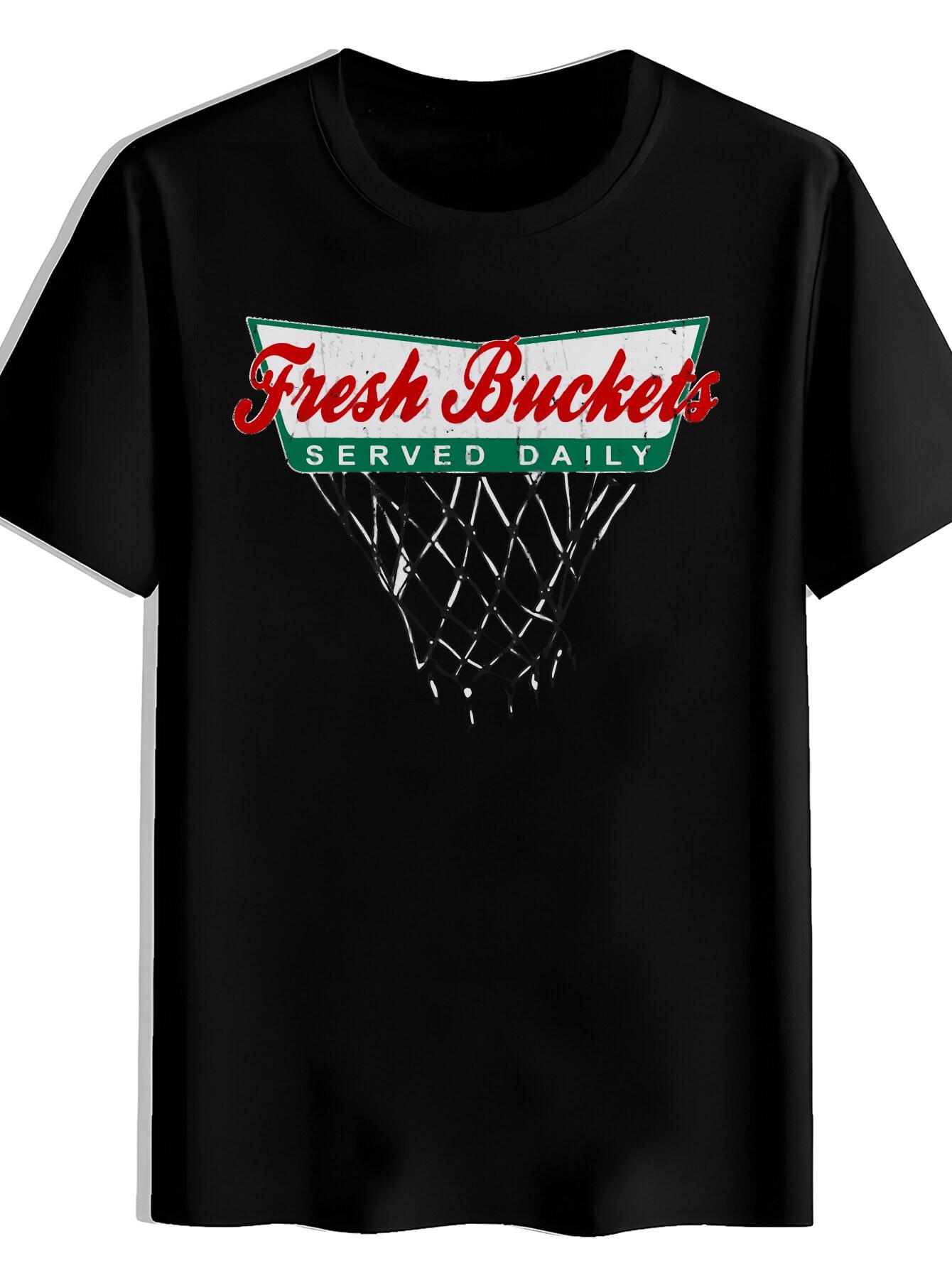 T-shirt Funny Hoop & Fresh Basket Served Daily Print - Pizza Slice Lettering Casual Round Neck Short Sleeve Tee L