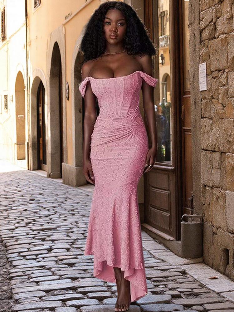 European & American Hot Girl Print One-Shoulder Maxi Dress with Spaghetti Straps, Open Back & Fishtail Skirt - 2025 Sexy Edition