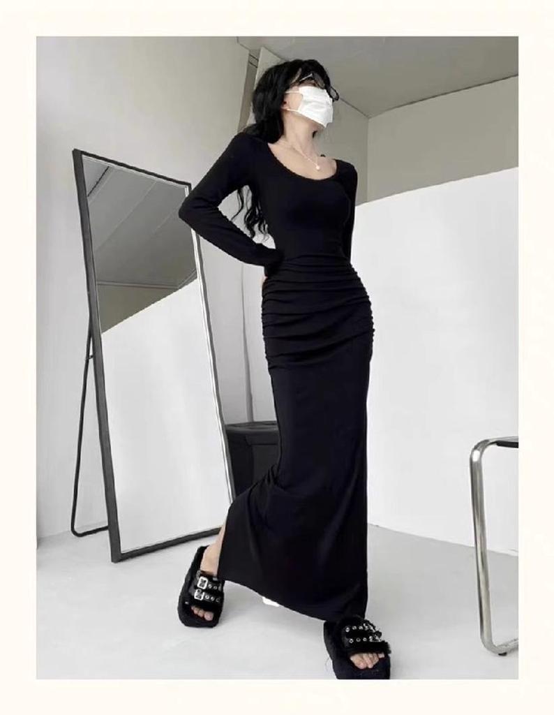 French Retro Solid Color Dress - 2026 Slim-Fit Waist-Cinching Skirt for Spring/Autumn