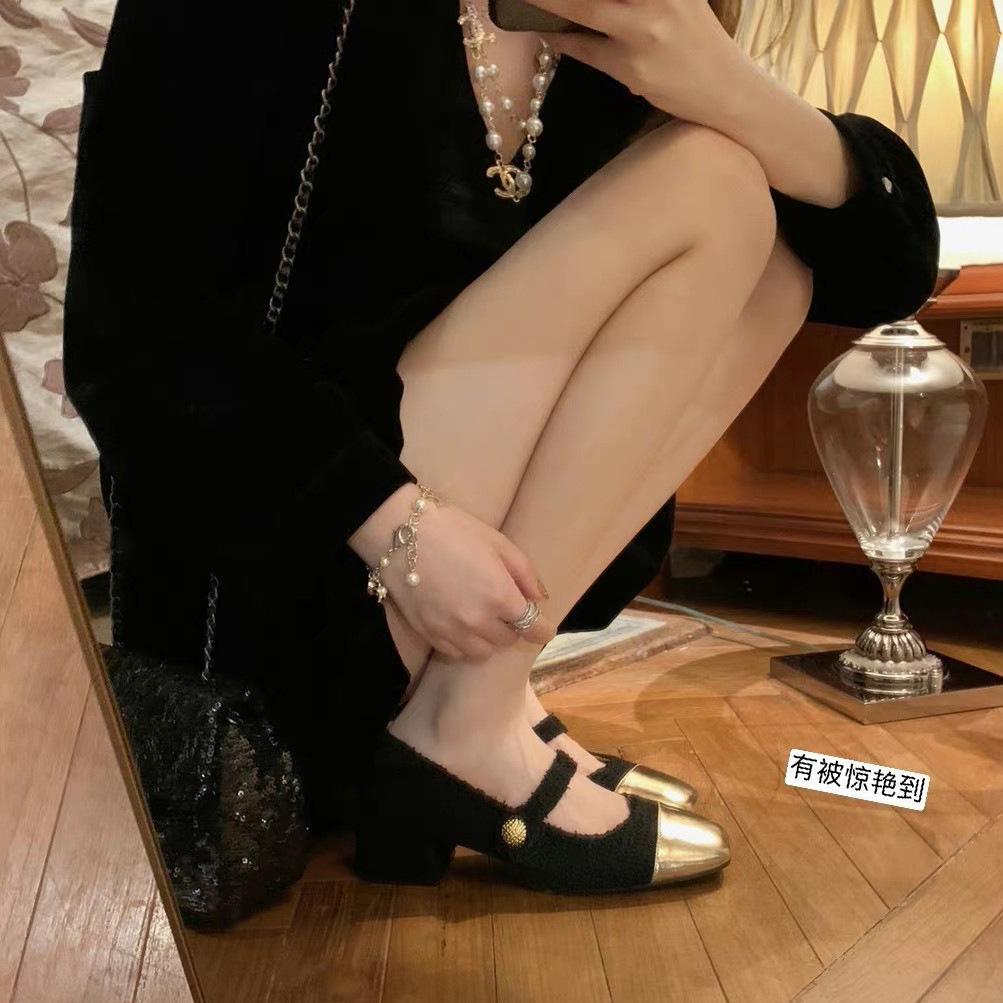 Sheepskin Version~ Xiaoxiangfeng Woolen Color Matching with Genuine Leather High Heels Women's Thick Heels Single Shoes Mary Jane Shoes Ladyshoes