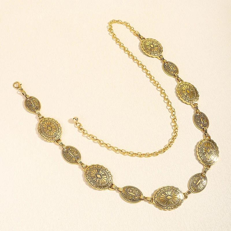 Retro style women's metal waist chain accessories Decorative circle carved chain belt high style accessories
