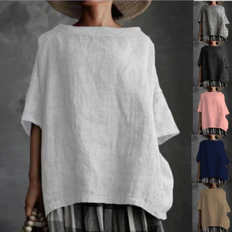 T-shirt estiva in cotone e lino con scollo rotondo e vestibilità ampia per donna