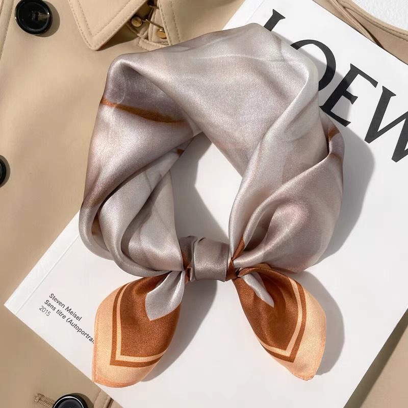 Dámský béžový hedvábný šátek - 53 cm Korejský styl Tištěný čtverec, 100% morušové hedvábí na jaro/léto