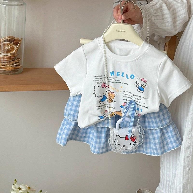 2025 Korean Style Girls' Trendy Plaid Two-Piece Set with Cartoon Short Sleeves
