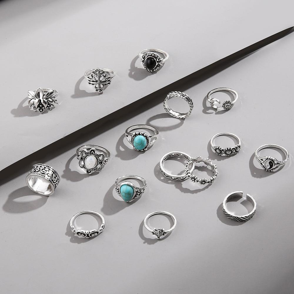 Vintage Engraved Black Gem Ring Personalized Turtle Flower Combination 16-piece Set for Women