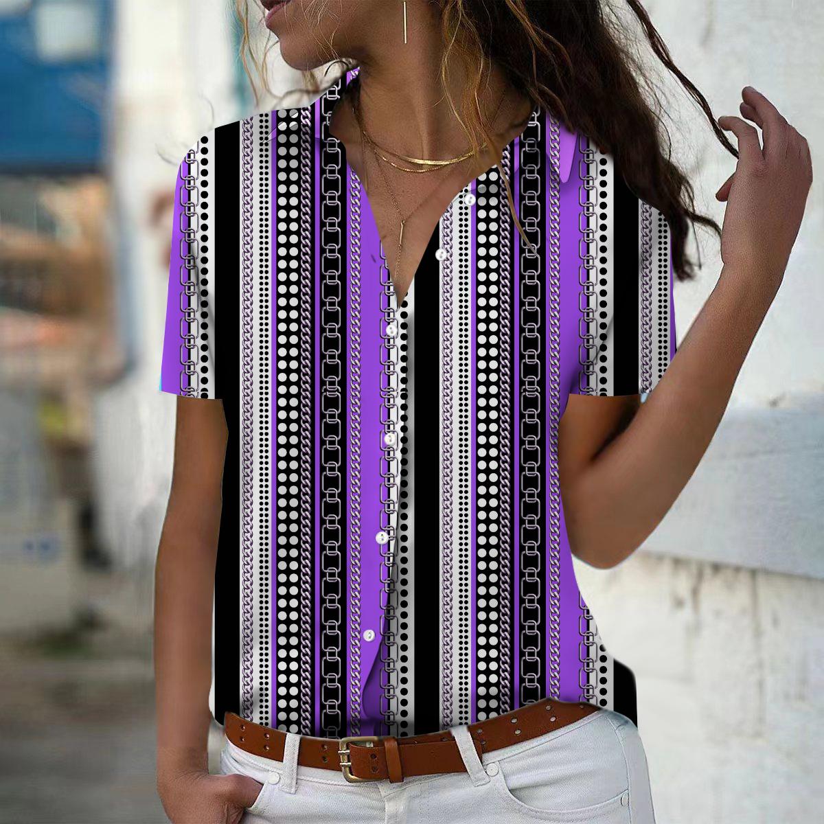 

2025 Summer New Fashion Women s Stripe Printed Short Sleeve V-neck Casual Button-down Shirt Top XS фіолетовий