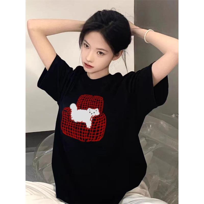 Women's Round Neck Short Sleeve Cotton T-Shirt Loose Fit Cute Cat Print Casual Summer Top