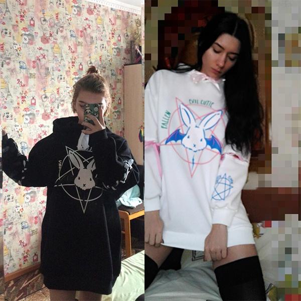Harajuku Pentagram Lace Embossed Women's Polar Hoodies Punk Gothic Cute Bunny Oversize Hooded Velvet Sweatshirt Jersey Streetwear