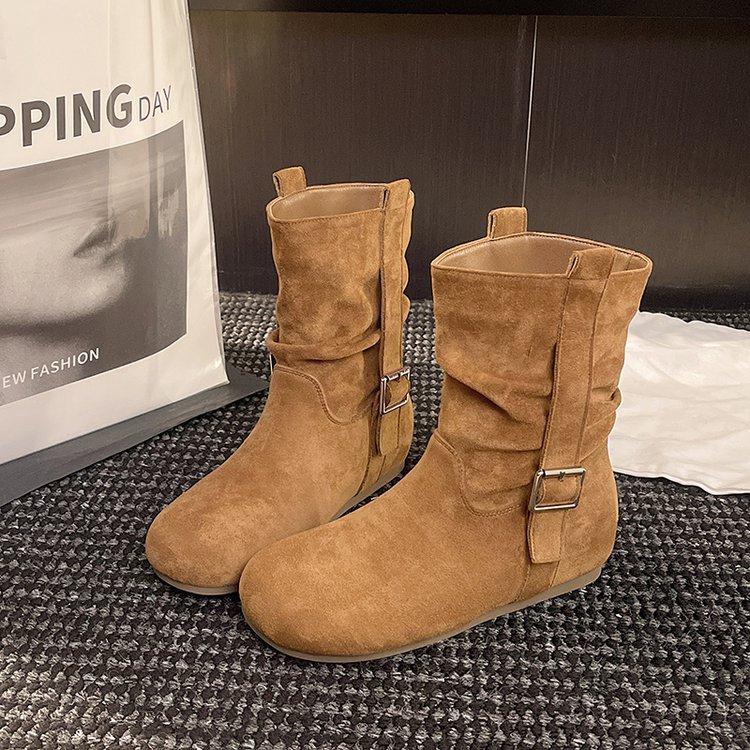 Korean Version of Round Head Handmade Pleated Stacking Boots Medium Tube Boots Women's New Sleeve Thin Thick Heel Western Cowboy Boots