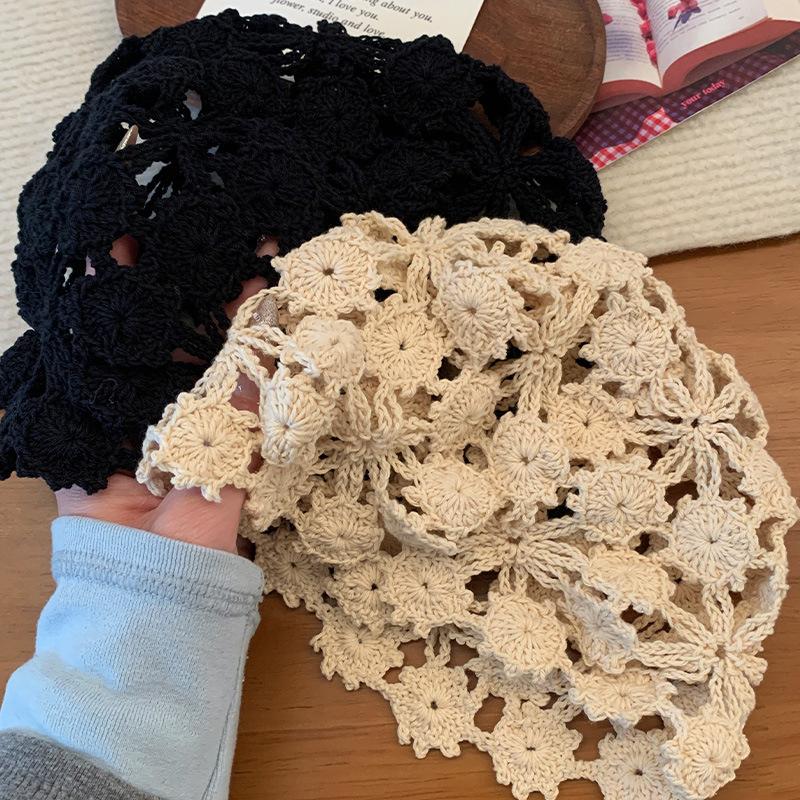 Japanese Simple Solid Color Hand-woven Hollow Pullover Hat Women Spring and Summer Knitted Short-brimmed Skull Beanie Cap